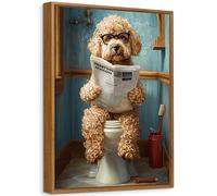 Tableau Encadrée Poster Mural Caniche sur Les Toilettes Lisant le Journal Peinture Impression sur Toile Image Affiche Animal Humoristique Tableau Decoration Murale Salle de Bain Toilettes WC 40x60cm