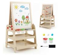 Tableau Enfant-COSTWAY-2 en 1,Double Face en Bois avec Tableau Blanc Magnétique&Jeu de Billes,3 Étages,7 Accessoires Inclus,Naturel