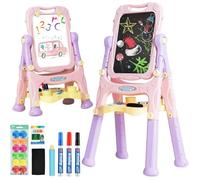 Tableau Enfant COSTWAY 31 Accessoires avec 2 Faces : Blanc Magnétique et Noir, Hauteurs Réglable 3 Ans+ Rose