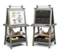 Tableau Enfant COSTWAY Blanc Magnétique et Noir, Rouleau de Papier (Papier inclus), 3 Etagères et 2 Bac de Rangement Gris