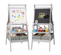 Tableau Enfants COSTWAY 3 en 1 -Noir & Blanc Magnétique,Rouleau de Papier & 2 Bacs en Tissu pour Enfants 3-6 Ans Gris