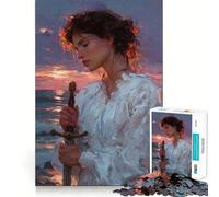 Tableau Femme à l'épée au Coucher du Soleil,Puzzle de 1000 pièces pour Adultes,Jeu Stimulant l'esprit,découpe Laser pour Un Assemblage Parfait,activité Amusante en Famille (38x26cm)