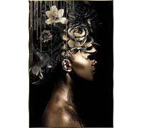 Tableau imprimé jeune fille dorée, photo en verre trempé avec cadre en bois doré - L. 80 x P. 2 x H. 120 cm - -