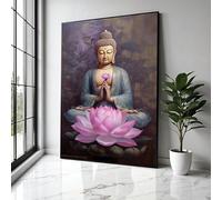 Tableau imprimé sur toile représentant un Bouddha méditant avec une fleur de lotus, art mural spirituel, décoration zen, œuvre d'art invitant à la méditation paisible (50 x 70 cm / cadre intérieur)
