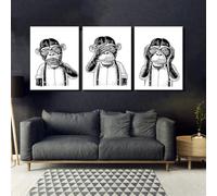 Tableau imprimé sur toile « Trois singes sages » : art mural en noir et blanc, ensemble de 3 peintures d'animaux nordiques, affiches de singes (70 x 100 cm x 3/cadre intérieur)