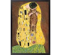 Tableau Le Baiser de Klimt avec chat européen brun - Poster parodie d’art avec cadre - Tableaux décoration murale moderniste - Affiche animaux drôles