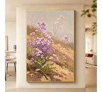 Tableau Moderne À L'Huile Entièrement Peint À La Main Représentant Des Fleurs Sauvages Violettes. Œuvre D'Art Sans Cadre Esthétique Idéale Pour Le Salon. Décoration Originale Pour La Maison.