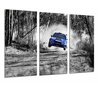 Tableau Moderne Photographique, Impression sur bois, Car Racing Subaru Blue Forest Paysage, blanc noir, 97 x 62 cm, ref. 26981