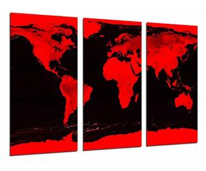 Tableau Moderne Photographique, Impression sur bois, Carte du monde rouge et noir, monde, villes et pays, 97 x 62 cm, ref. 26960
