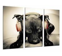 Tableau Moderne Photographique, Impression sur bois, Chien de hipster animal avec des casques rouges, couleur sépia, 97 x 62 cm, ref. 26907