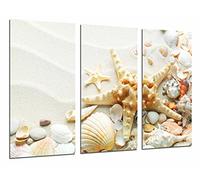 Tableau Moderne Photographique, Impression sur bois, Plage de sable avec étoile de mer, conque de coquillages, salle de bains, 97 x 62 cm, ref. 26994