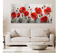 Tableau moderne salon, grand tableau, coquelicots rouges sur fond gris moderne, sur toile, sans cadre -150x70 cm