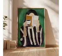 Tableau moderne vert émeraude représentant une femme lisant, illustration minimaliste à rayures vert café, idéal pour la maison (80x120cm/sans cadre)