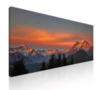 Tableau montagne au coucher du soleil, pinède, cadre moderne salon xxl, montagnes, Coucher de soleil ardent sur les sommets des montagnes enneigées mow8-150x60 cm