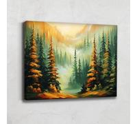 Tableau Montagne Coucher De Soleil - Impression Sur Toile Nature Automne - Deco Murale Chambre Adulte Zen - Tableau Foret De Sapin - Art Contemporain Mural - Decoration Salon Maison Modern (80x60cm)