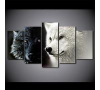Tableau Multi Panneau 5 parties Tableau sur Toile,Abstrait Noir Blanc Loup Couple,tableau mural decoration salon moderne xxl,cadre,accroche cadre sans percer,Créatif Cadeau,125x60cm