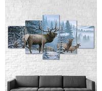 Tableau Multi Panneau 5 parties Tableau sur Toile,Famille de wapitis,de vaches et de veaux dans une forêt enneigée en hiver,tableau mural decoration salon moderne xxl,cadre,accroche cadre sans percer