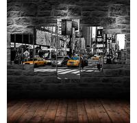 Tableau Multi Panneau 5 parties Tableau sur Toile,Rue de la ville de New York,voitures de taxi jaunes,paysage noir et blanc,tableau mural decoration salon moderne xxl,cadre,accroche cadre sans percer