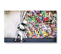 Tableau Mural 90x180 cm Banksy Behind the Curtain Graffiti Street Art Abstraite Peinture sur Toile 1 pièce Tableaux Image Photo Décoration Toile Salon Chambre Street Art Murale Sans Cadre