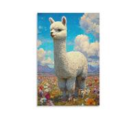 Tableau Mural, Animaux Poster, L'Alpaga Blanc Dans Un Champ De Fleurs Colorées Sous Un Ciel Bleu, Idéal Pour La Décoration Intérieure - Tableau Toile Haute Résolution, Cadeau 24x36inch(60x90cm)