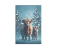 Tableau Mural, Animaux Poster, Scène de Noël avec Vaches Highland, Décoration Chaleureuse d'Hiver, Idéal pour les Tableaux de Fête - Tableau Toile Haute Résolution, Cadeau 08x12inch(20x30cm)