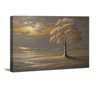 Tableau mural arbre doré dans un large paysage 5070 - Toile moderne 120 x 80 cm - Impression d'art avec aspect structuré tendue sur cadre en bois, prête à accrocher, décoration murale pour salon