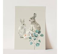 Tableau mural avec motif animal, deux petits lapins mignons, fleurs, romantiques et charmants, sans cadre au format A3