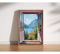 Tableau mural avec vue sur lac et montagne par fenêtre ouverte, peinture sur toile représentant un village au bord du lac pour une décoration de chambre lumineuse et neutre (30x40cm/sans cadre)
