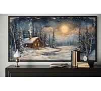 Tableau mural « Cabane enneigée au clair de lune » - Impression sur toile représentant un paysage rustique de cabane en rondins, décoration nocturne de forêt nordique (90 x 180 cm / cadre intérieur)