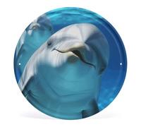 Tableau mural circulaire en fer de 30 x 30 cm avec dauphin avec un sourire imprimé rond art à suspendre décoration murale moderne pour la maison, la salle de bain