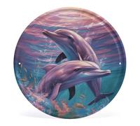 Tableau mural circulaire en fer de 30 x 30 cm - Motif dauphins - Art rond - À suspendre - Décoration murale moderne pour la maison, la salle de bain
