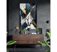 Tableau mural de qualité supérieure en verre acrylique ou composite en aluminium - Pas de tableau mural - Abstrait moderne - Blanc doré Décoration murale design (bleu ardoise, verre acrylique 60 x 40