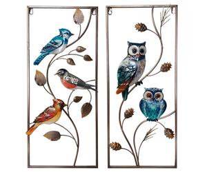 Tableau mural Décoration murale Extérieur Lot de 2 oiseaux Hiboux Multicolore Métal H 69,5 cm