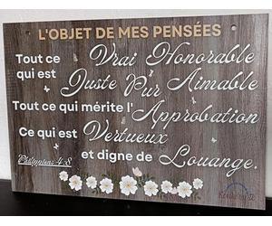 Tableau mural en bois à message spirituel chrétien L'OBJET DE NOS PENSÉES selon Dieu Verset biblique en français Anniversaire mariage noël Cadeau original homme femme mari papa maman Philippiens 4:8