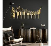 Tableau Mural en métal Noir représentant des Notes de Musique et Un Piano, Sculpture Moderne décorative pour Salon, Chambre, Couloir et escalier (Or 39" x 16" | 100 x 42 cm)