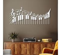 Tableau Mural en métal Noir représentant des Notes de Musique et Un Piano, Sculpture Moderne décorative pour Salon, Chambre, Couloir et escalier (Blanc 39" x 16" | 100 x 42 cm)