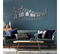Tableau Mural en métal Noir représentant des Notes de Musique et Un Piano, Sculpture Moderne pour Salon, Chambre, Couloir et escalier (Argent 62 x 26 cm)