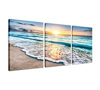 Tableau mural encadré à 3 panneaux avec vague de mer et coucher de soleil sur toile - Décoration pour la maison, le bureau, la peinture pour chambre à coucher, prête à accrocher 30.5 x 40.6 cm