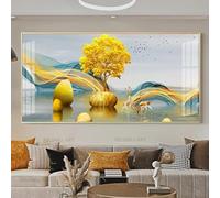 Tableau mural encadré Feng Shui, arbre porte-bonheur doré, cerf, toile, art mural, paysage de pierre de prospérité, imprimé pour salon (65 x 130/26 x 51 pouces)