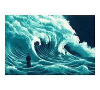 Tableau mural encadré homme face à une vague déchaînée 65x97 cm CEANOTHE Décoration Murale Art Décoratif Muraux Peinture Imprimée en HD Salon Chambre Bureau Fabriqué en France Bleu