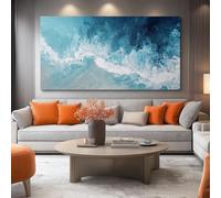 Tableau Mural Géant Océan et Écume des Vagues Bleues - Impression sur Toile Intissée Haute Définition 160L x 80l cm sans Cadre Bleu - Décoration d'Intérieur de Prestige pour un Grand Espace Zen