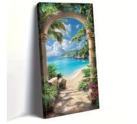 Tableau mural grand format sur toile représentant une arche avec vue sur la mer et des palmiers, idéal pour le salon (30 x 50 cm/sans cadre)