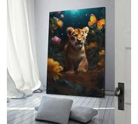 Tableau mural magique représentant un lionceau et un papillon, idéal pour un salon, une chambre d'enfant, une fête d'anniversaire ou comme cadeau (60 x 90 cm)
