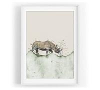 Tableau mural - Motif animal - Motif rhinocéros africain - Safari - Aquarelle - Tons pastel dorés - Couleur décorative - Motif encadré blanc - Format A3