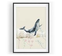 Tableau mural - Motif baleine à bosse - Aquarelle - Tons pastel - Magnifique couleur - Avec cadre noir - Format A3