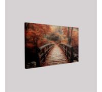 Tableau mural Paysage d'automne du pont en bois dans la forêt 30 x 20 cm Impression sur toile moderne Décoration murale Rouge avec cadre pour salon chambre maison bureau