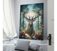 Tableau mural représentant un cerf majestueux dans une forêt enchantée, idéal pour le salon, la chambre d'enfant, les fêtes d'anniversaire (filles et garçons), sur toile, 40 x 60 cm (16 x 24 pouces).