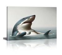 Tableau mural représentant un requin buvant du café, imprimé animalier amusant sur toile, pour salle de bain, salon, 21 x 30 cm, avec cadre