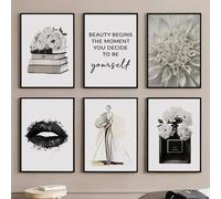Tableau mural sur toile, Affiche de mode noir et blanc, motifs Parfum, Lèvres, Livre, Fille aux fleurs, Décoration de salon, Images murales pour salon C D