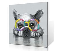 Tableau mural sur toile représentant un bouledogue français noir et blanc portant des lunettes de soleil colorées, chambre à coucher, décoration murale encadrée et prête à être accrochée 30x30 cm